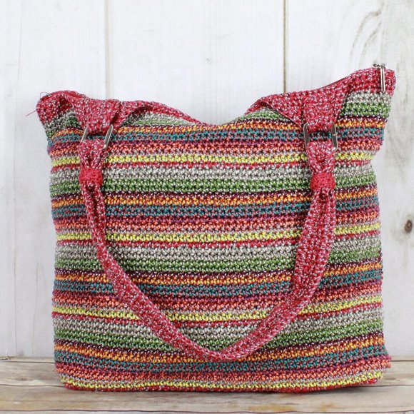 The Sak Multicolor Stripe Hand Crocheted Zippered Hobo Tote Shoulder Bag - Picture 5 of 9